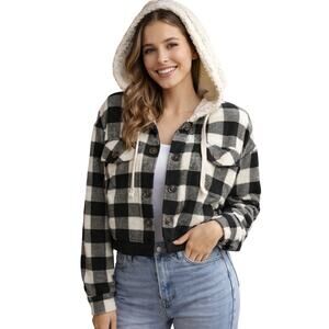 Hippie Rose Sherpa Lined Buffalo Plaid Hoodie Jacket M